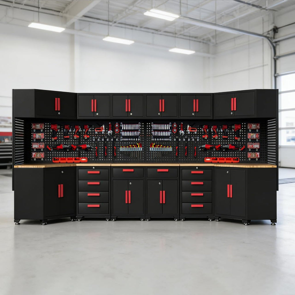 Garage Storage Cabinet System,2Pack Garage Cabinets and Storage System Included Steel Drawers Rolling Chest,Locked Storage Cabinet, Perfect for Organizing Garage and Tools, Red Handle