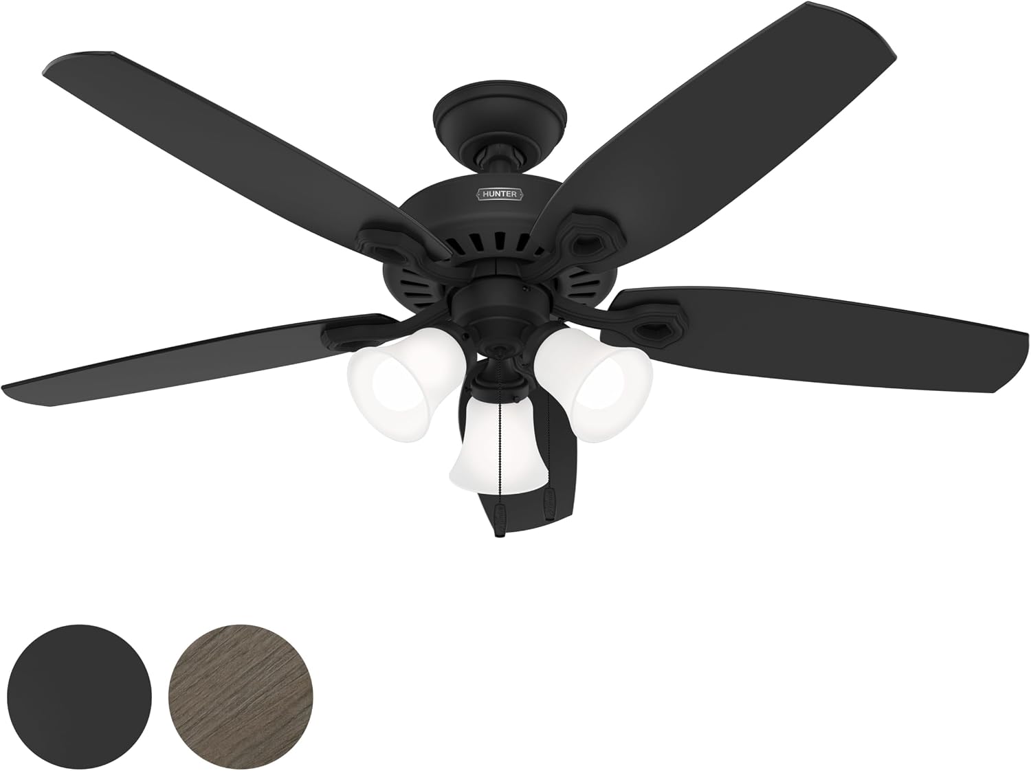 Hunter Fan 52 Inch Matte Black Indoor Ceiling fan with LED Light and Pull Chain for Bedroom, Living Room, Office, Basement, Kitchen, Dining Room (Renewed)
