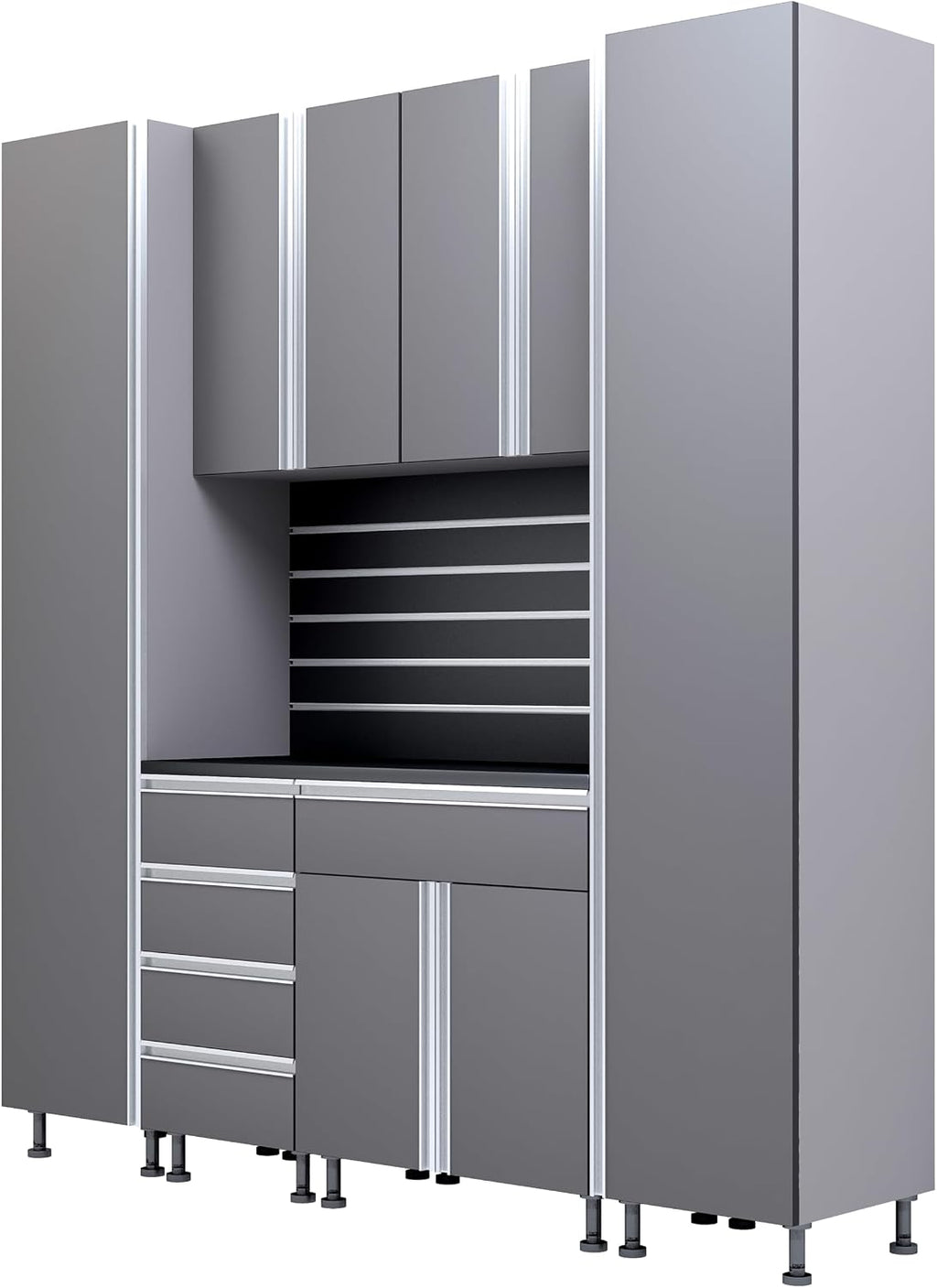 Premium Garage Cabinets 7' Storage Sets Solution with Adjustable Legs, Soft-Close Drawer & Door, Integrated Handles, Heavy Duty Plywood Box Construction, Tool and Equipment Organizer (Combo 7CS-011A)