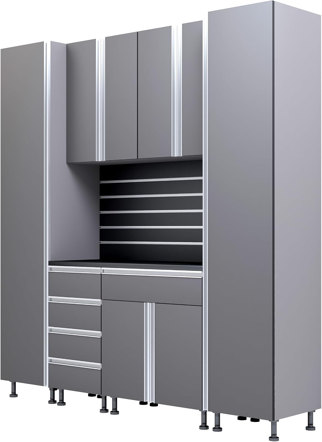 Premium Garage Cabinets 7' Storage Sets Solution with Adjustable Legs, Soft-Close Drawer & Door, Integrated Handles, Heavy Duty Plywood Box Construction, Tool and Equipment Organizer (Combo 7CS-011A)