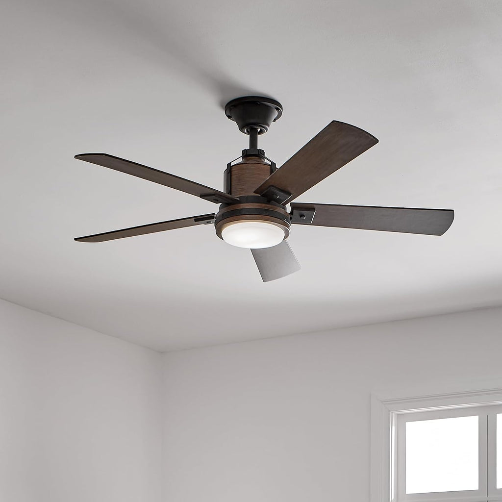 Kichler Colerne 52'Ceiling Fan with LED Light in Black, 5-Blade Vintage Industrial IndoorFan, 3000k, (52'W x 17' H), 300052DBK