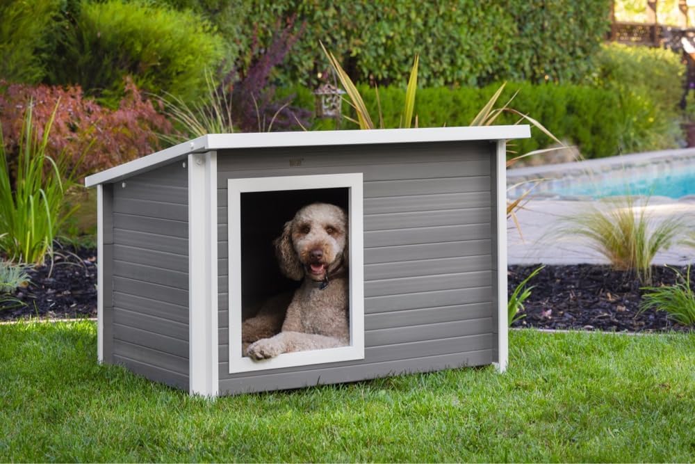 New Age Pet ECOFLEX Rustic Lodge Outdoor Elevated Dog House, X-Large Weather Resistant Shelter for Large Dogs, Wood Look Composite Material, Easy Assembly with 10 Year Warranty