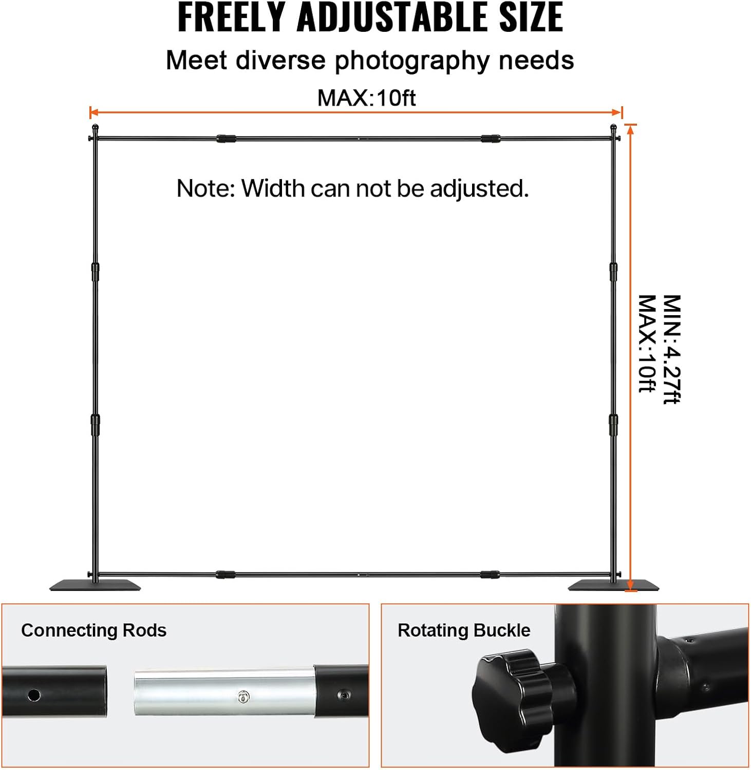 Happybuy 10ft x 10ft Pipe and Drape Kit, Heavy Duty Backdrop Stand with Carbon Steel Base, Adjustable Support with 6 Clamps and Carry Bag for Weddings, Parties, Events, Photography, Exhibition