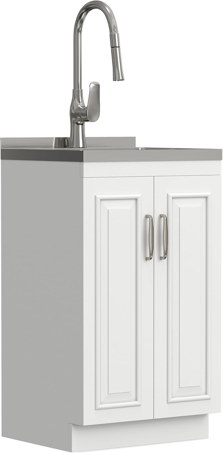 SIMPLIHOME Darwin All-in-One 20 inch Wide Utility Sink and Laundry Cabinet in Pure White Finish, Transitional Stainless Steel Sink Cabinet for Laundry Rooms with High-Arch Chrome Faucet and Storage