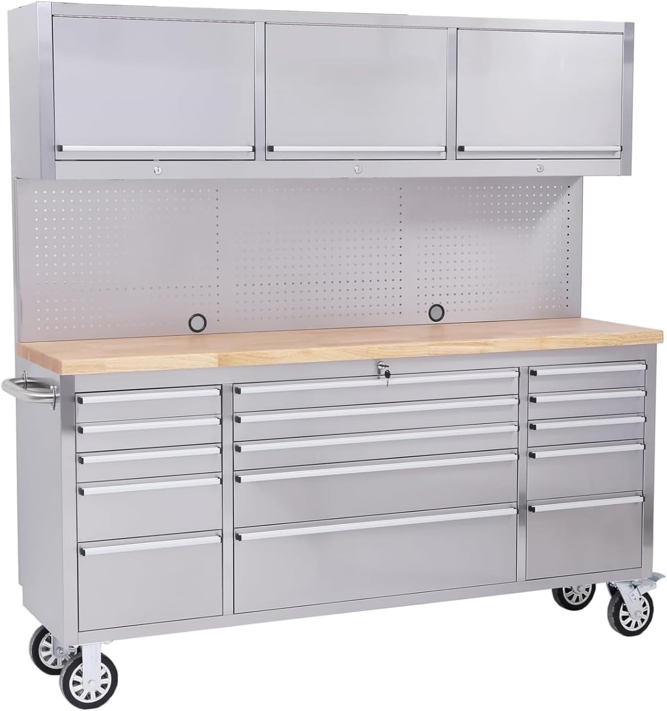 72-inch Rolling Tool Chest, 15 Drawers Garage Workbench Storage Tool Cabinet with Lock Key, Heavy Duty Rolling Cabinet with Solid Rubber Wood Top, Load Mobile Workstation for Warehouse, Repair Shop