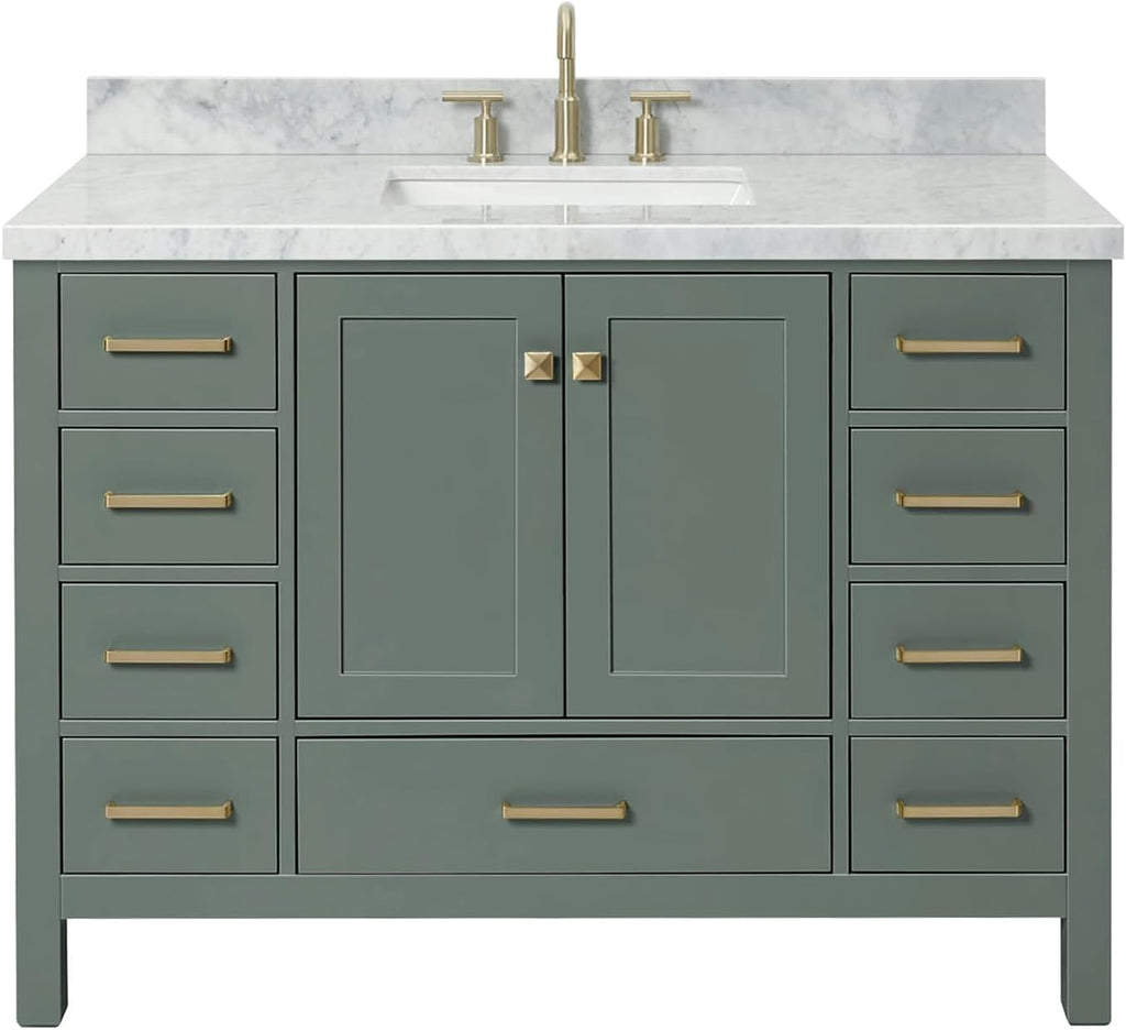 ARIEL Cambridge 48-inch Bathroom Vanity with Sink,Solid Wood, 1.5-inch Italian Carrara Marble Countertop, Single Rectangular Porcelain Sink, 2 Soft Closing Doors, 9 Dovetail Drawers, Vintage Green