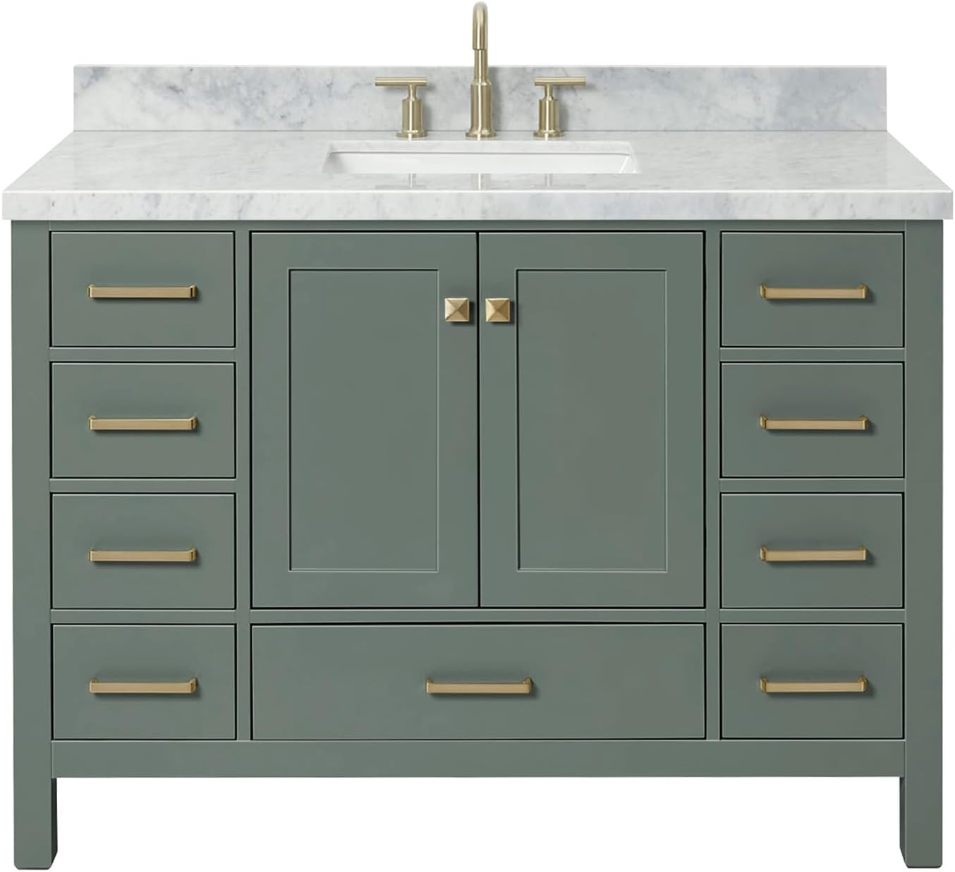 ARIEL Cambridge 48-inch Bathroom Vanity with Sink,Solid Wood, 1.5-inch Italian Carrara Marble Countertop, Single Rectangular Porcelain Sink, 2 Soft Closing Doors, 9 Dovetail Drawers, Vintage Green
