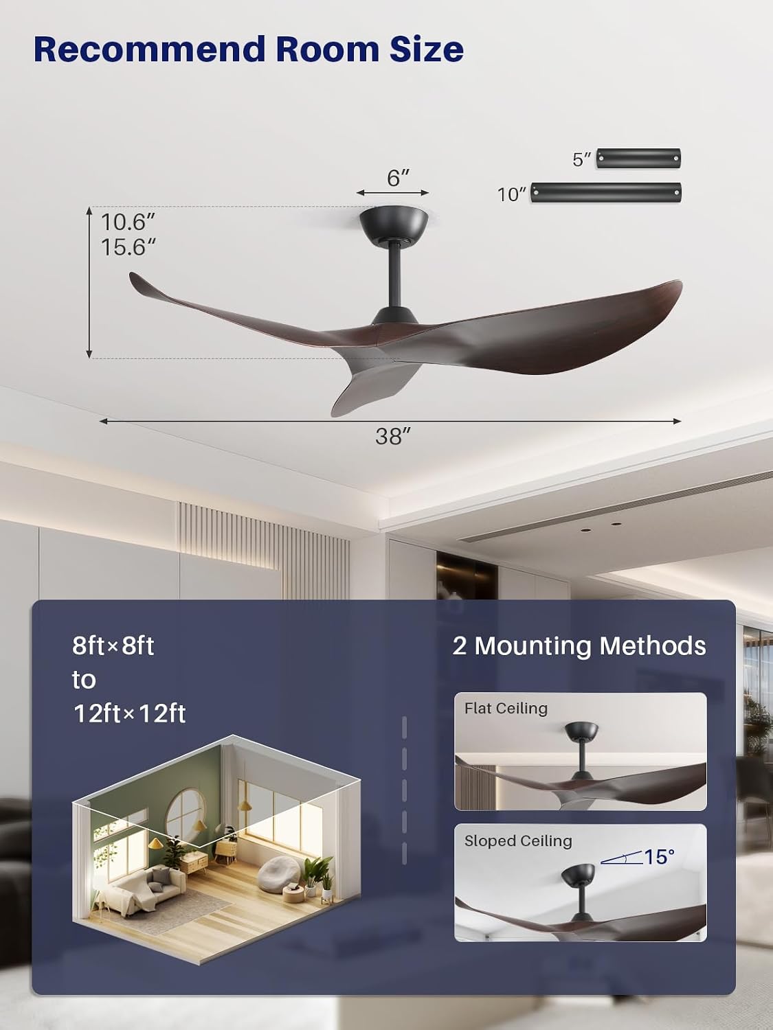 Sofucor 38 Inch Smart Ceiling Fan No Light, Modern Ceiling Fan with Remote Control, Quiet Reversible DC Motor, 6-Speed Noiseless Indoor Ceiling Fan for Bedroom Living Room Covered Patio Porch