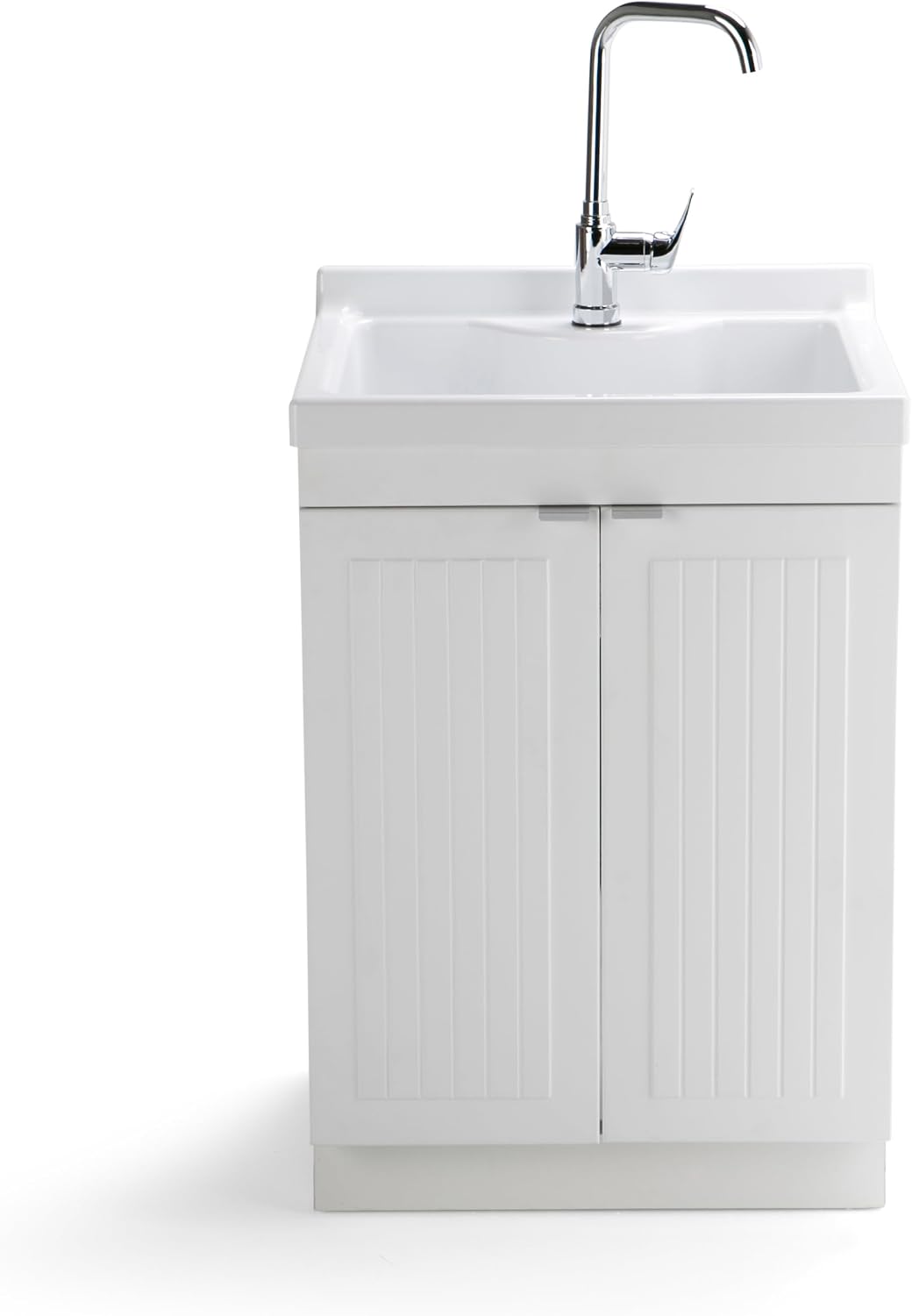 SIMPLIHOME Murphy All-in-One 24 inch Wide Utility Sink and Laundry Cabinet in Pure White Finish, Transitional ABS Sink Cabinet for Laundry Rooms with High-Arch Chrome Faucet and Pull-Out Spray