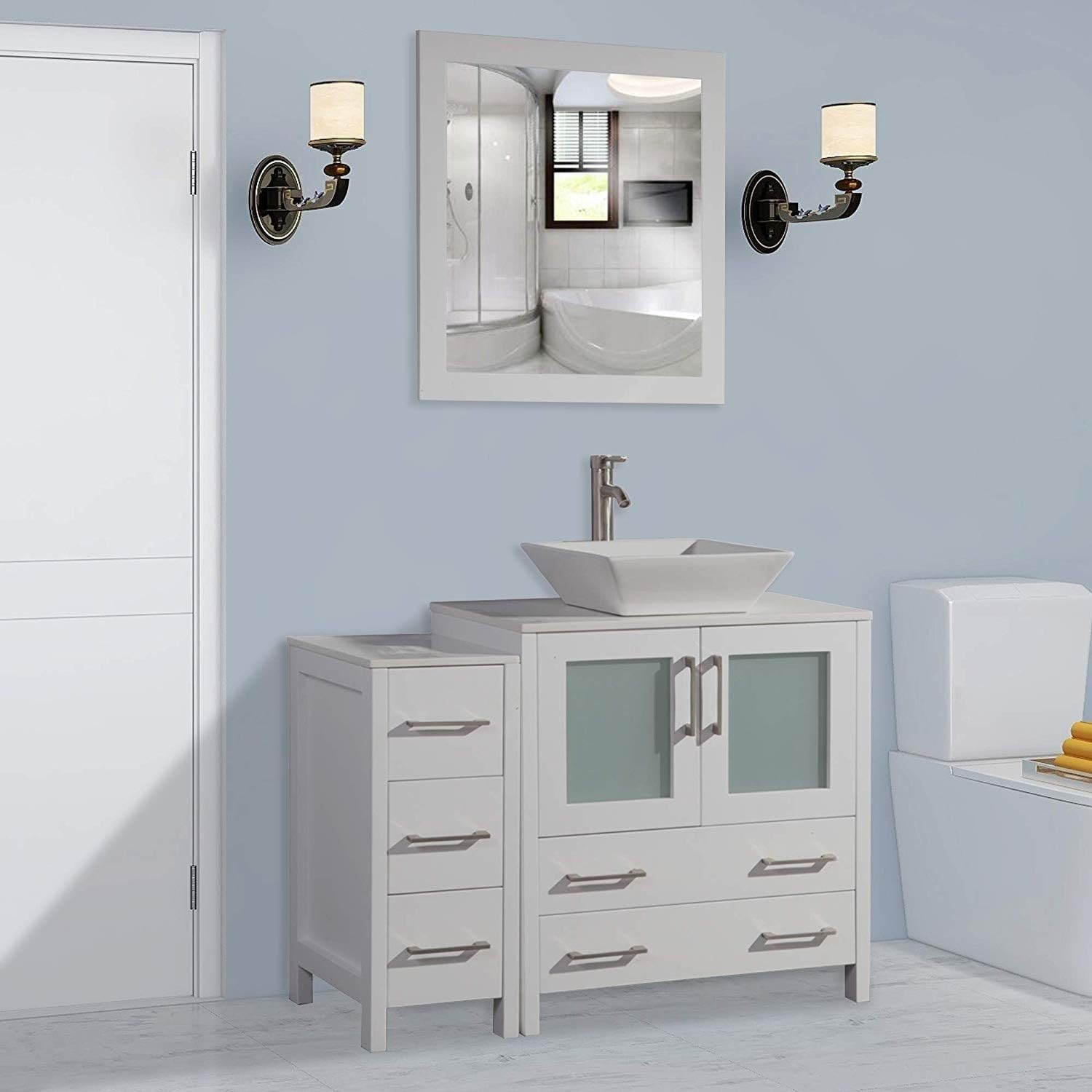 Vanity Art 42 Inch Vessel Single Sink Bathroom Vanity Cabinet with 1 Mirror, Engineered Marble Top Bathroom Cabinet Compact Set with 5 Dovetail Drawers and Soft Closing Doors, VA3130-42-G
