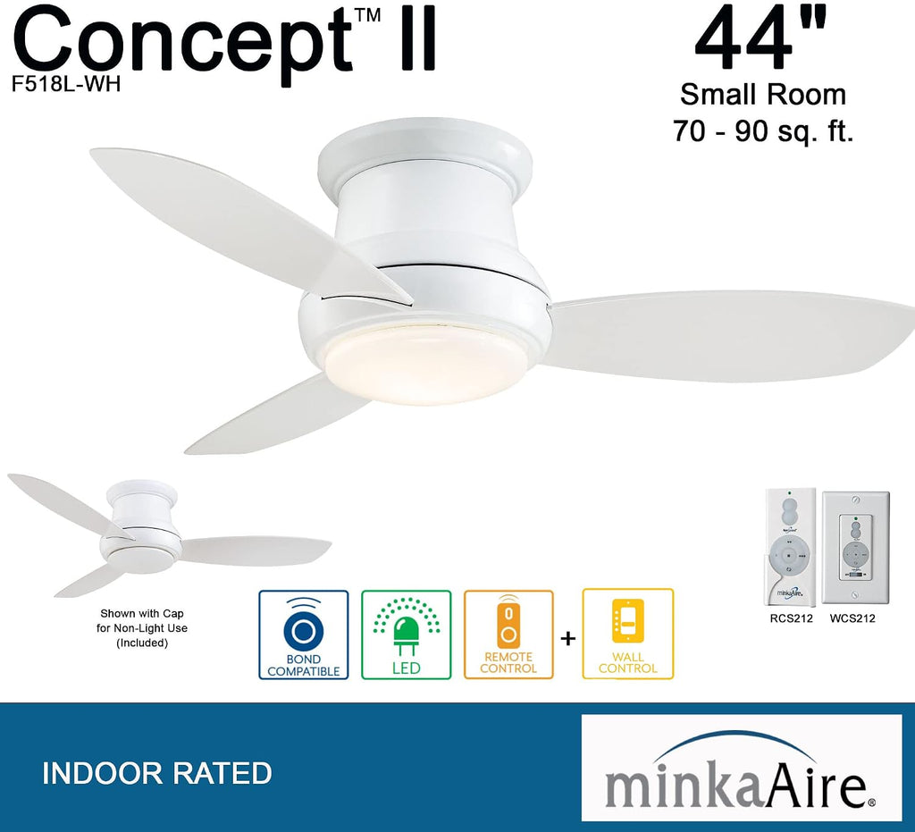 MINKA-AIRE F518L-WH, Concept II LED White Flush Mount 44' Ceiling Fan with Remote Control and Included Wall Control