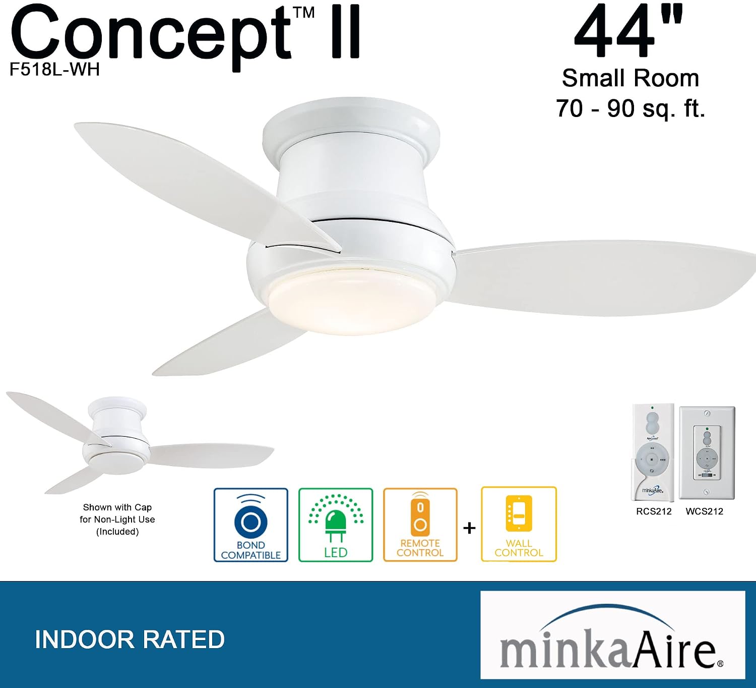 MINKA-AIRE F518L-WH, Concept II LED White Flush Mount 44' Ceiling Fan with Remote Control and Included Wall Control