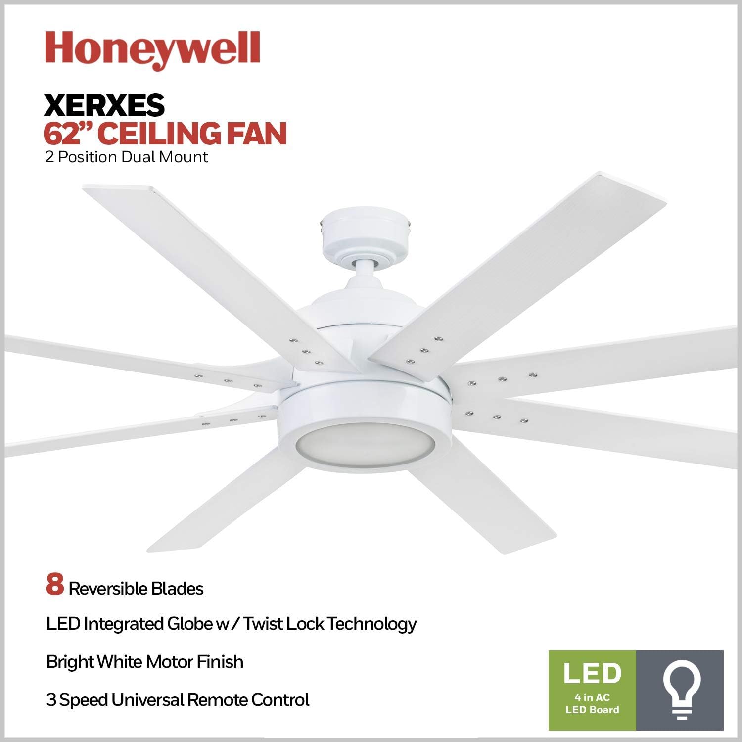 Honeywell Ceiling Fans Xerxes Modern 62 Inch Ceiling Fan with Light, Remote Control Fan, LED Indoor Fan with 8 Blades, White and Gray Wash Blade Finish Options, White (51628-01)