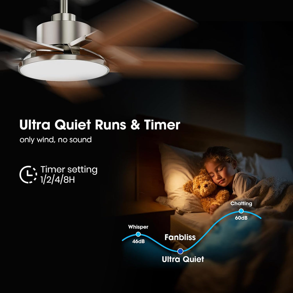 Fanbliss 44 Inch Ceiling Fans with Lights, Modern Nickel Ceiling Fan with Dimmable LED, 6 Speeds, Timer, Quiet Reversible DC Motor, Remote Control Ceiling Fan for Bedroom, Living Room and Kitchen