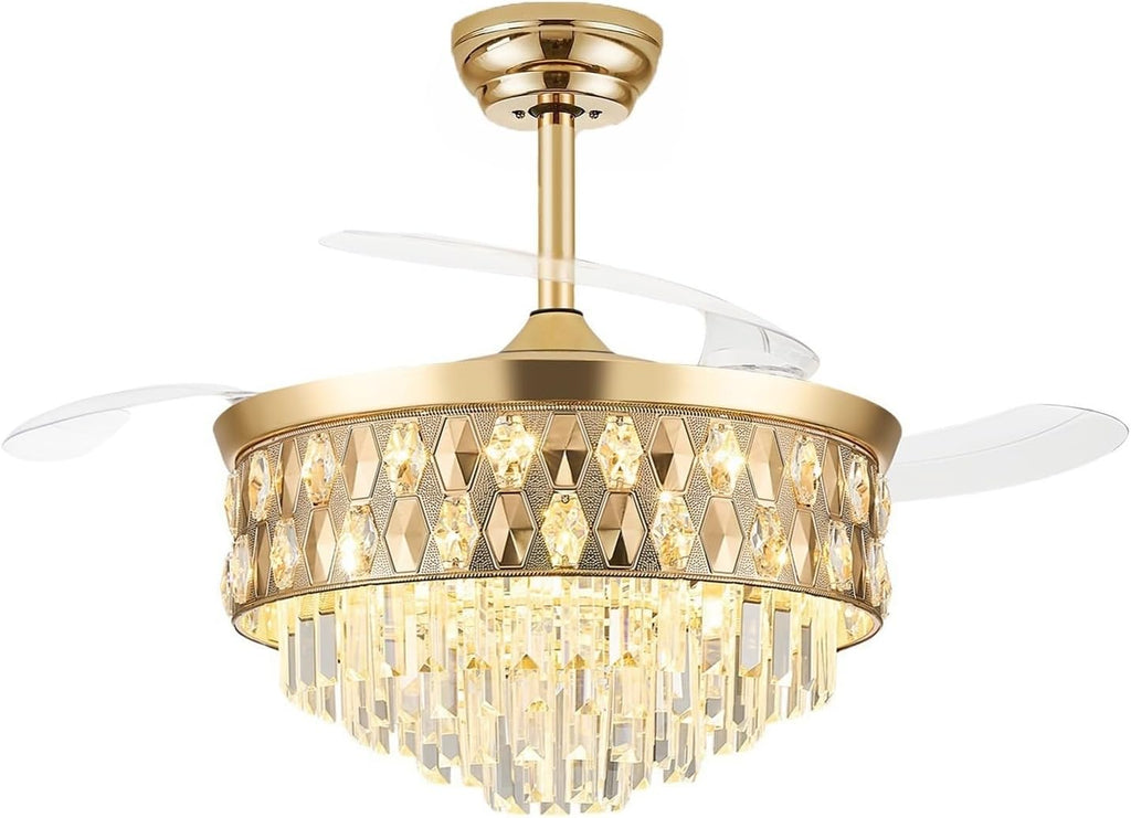 52 Inch Fandelier Ceiling Fan with Light, Chandelier Fan, Retractable Crystal Ceiling Fan Dimmable LED, 3 Color Temperatures, 6 Speeds, for Bedroom & Living Room
