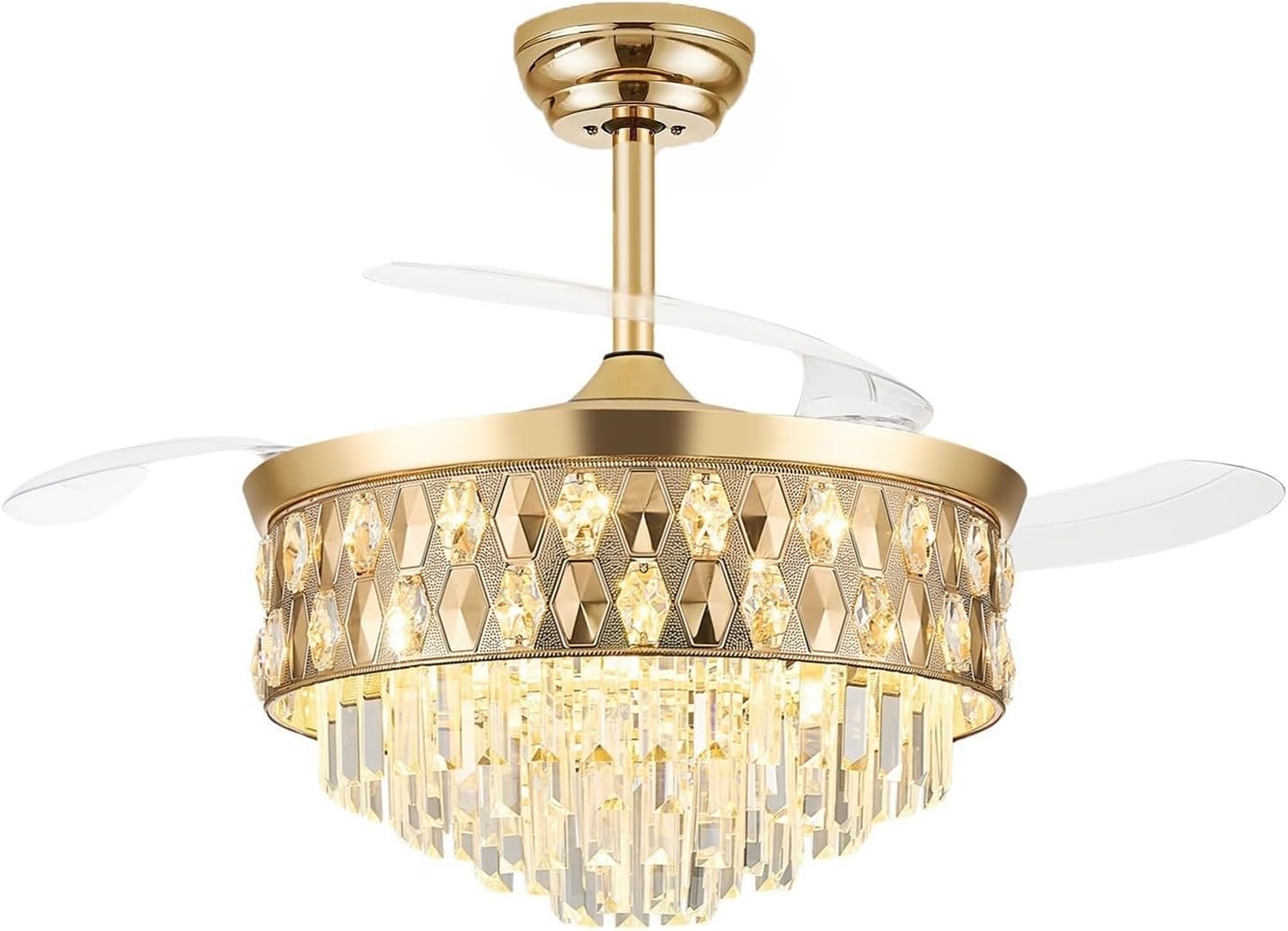 52 Inch Fandelier Ceiling Fan with Light, Chandelier Fan, Retractable Crystal Ceiling Fan Dimmable LED, 3 Color Temperatures, 6 Speeds, for Bedroom & Living Room