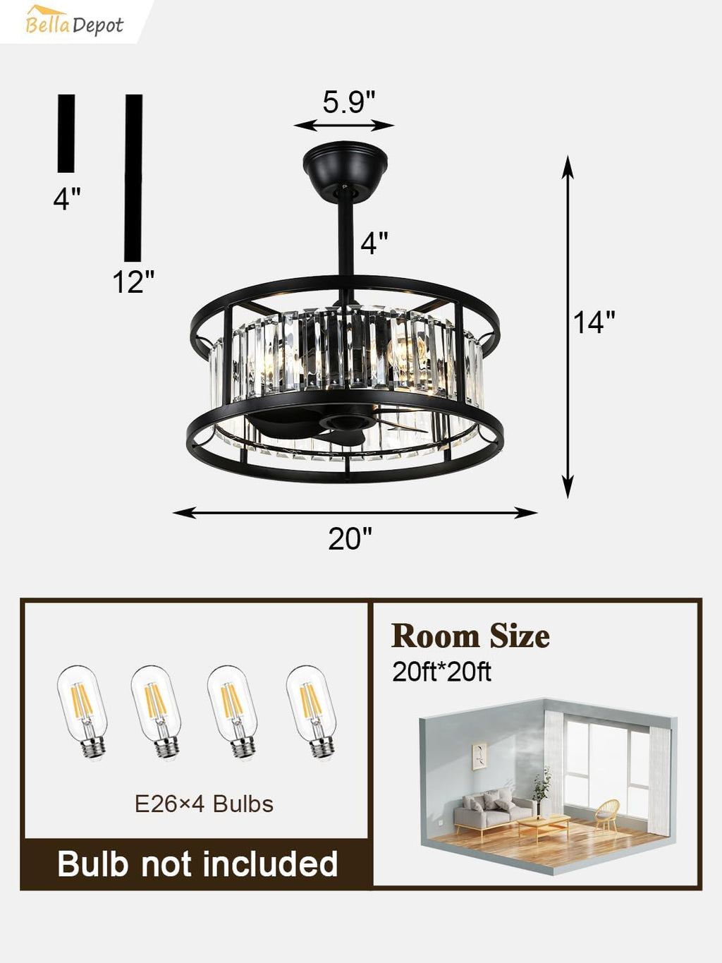 Bella Depot 20' Black Flush Mount Ceiling Fan, Caged Crystal Chandelier Fan with Light (No Bulbs Included), Quiet DC Motor for Bedroom Dining Living Room