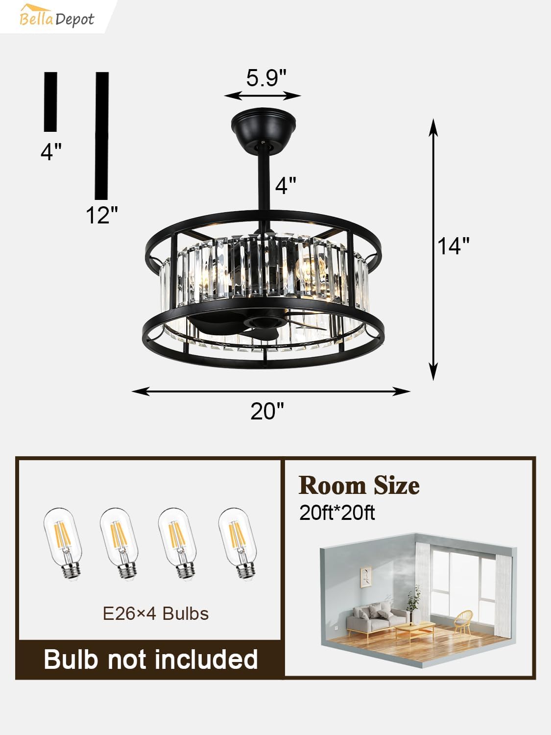 Bella Depot 20' Black Flush Mount Ceiling Fan, Caged Crystal Chandelier Fan with Light (No Bulbs Included), Quiet DC Motor for Bedroom Dining Living Room