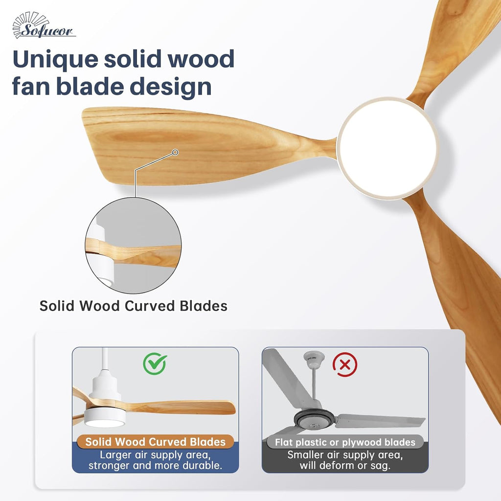 Sofucor 48 Inch Smart Ceiling Fan, Small Indoor/Outdoor Ceiling Fans with Lights and Remote, Work with Alexa/Google, Quiet DC Motor, 6 Speed, Solid Wood Ceiling Fans for Bedroom Living Room Patio