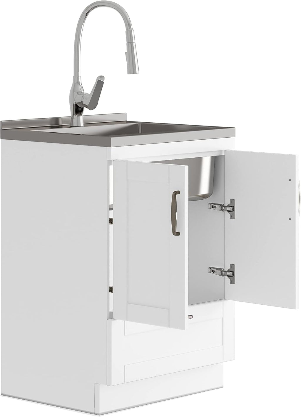 SIMPLIHOME Reed All-in-One 24 inch Wide Utility Sink and Laundry Cabinet in Pure White Finish, Transitional Stainless Steel Sink Cabinet for Laundry Rooms with High-Arch Chrome Faucet and Storage