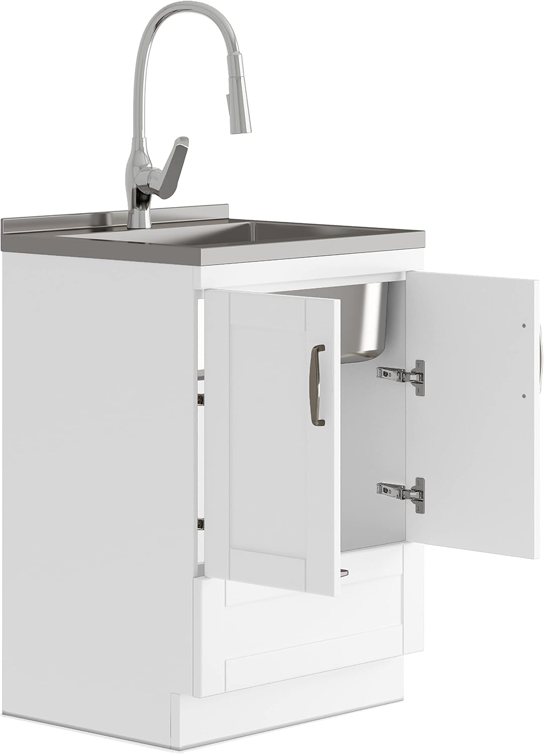SIMPLIHOME Reed All-in-One 24 inch Wide Utility Sink and Laundry Cabinet in Pure White Finish, Transitional Stainless Steel Sink Cabinet for Laundry Rooms with High-Arch Chrome Faucet and Storage