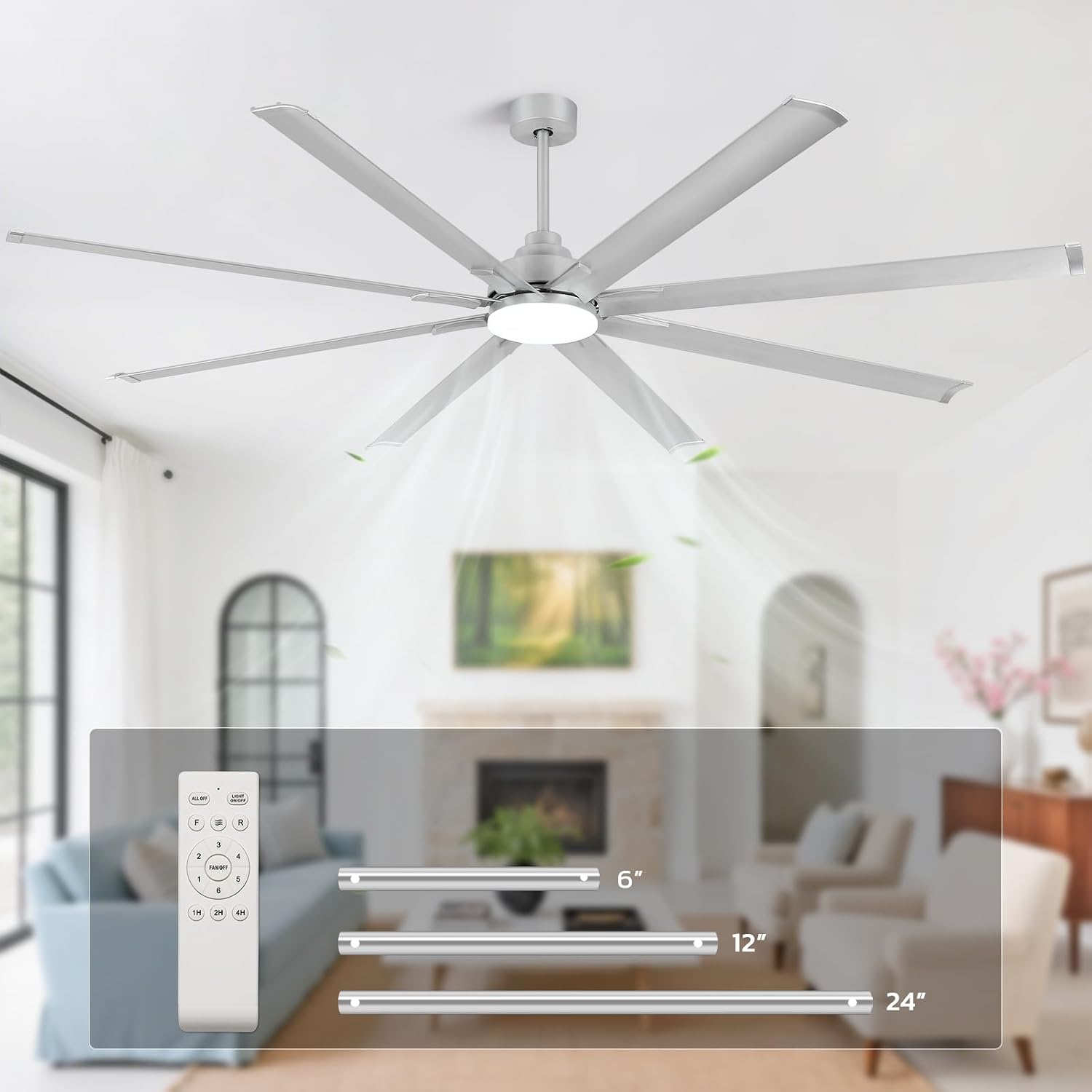 84 Inch Large Ceiling Fan with Light, 8 Aluminum Blades, DC Motor, 6 Speed Remote Control, Modern Indoor Outdoor Ceiling Fan with 3 Downrods, Reversible Quiet Fan for Living Room,Great Room,Patio,Shop