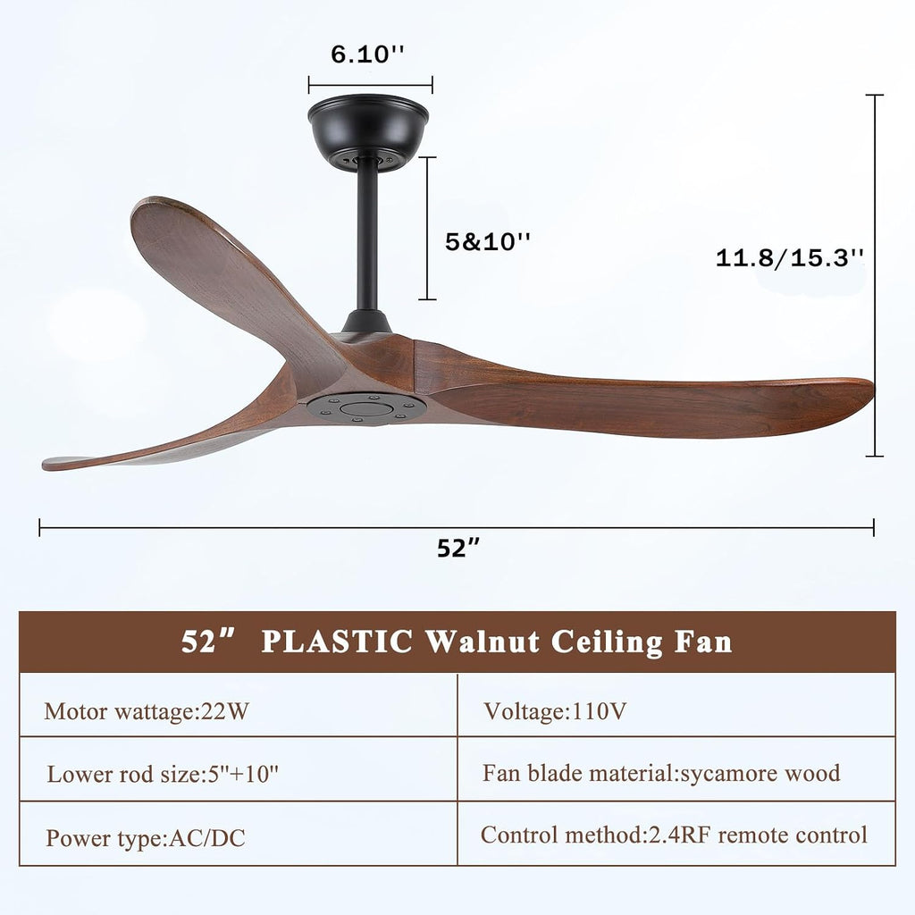Walnut Wood 52' Ceiling Fan, No Light, 6-Speed, Reversible 3 Blades, Timed Shutdown, Silent DC Motor, for Bedroom, Porch and Living Room