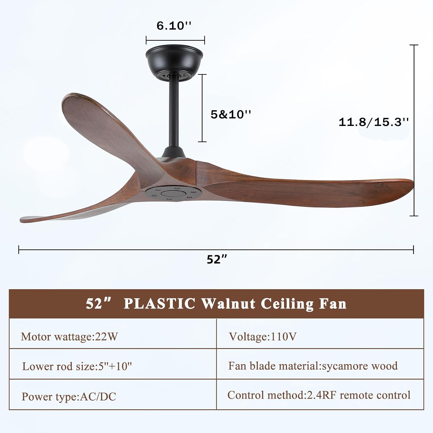 Walnut Wood 52' Ceiling Fan, No Light, 6-Speed, Reversible 3 Blades, Timed Shutdown, Silent DC Motor, for Bedroom, Porch and Living Room