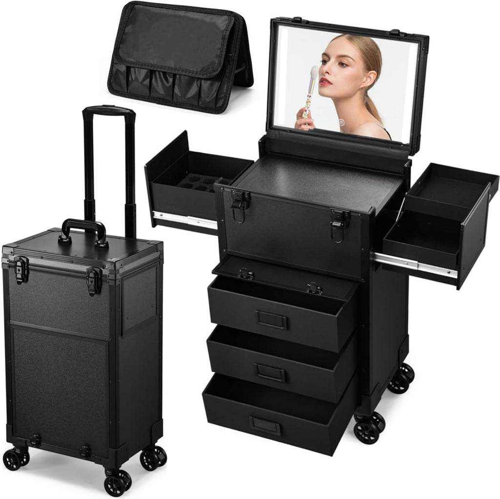 Faquenc Rolling Makeup Case with lighted mirror, Cosmetology Case on Wheels with LED Mirror, Professional Salon Trolley Cart with Drawer,Travel Makeup Lockable Beauty Organizer with Live Stream Light