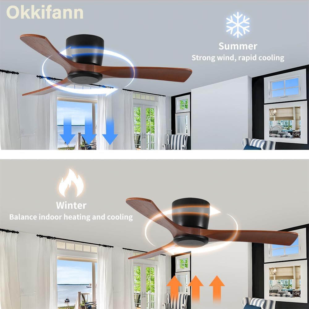 Wood Ceiling Fan No Light Flush Mount,42 In Low Profile Ceiling Fan without light,6-Speed Noiseless DC Motor Reversible,Timer,Remote Control for Bedroom Living Room Outdoor Patio Porch,ETL Listed