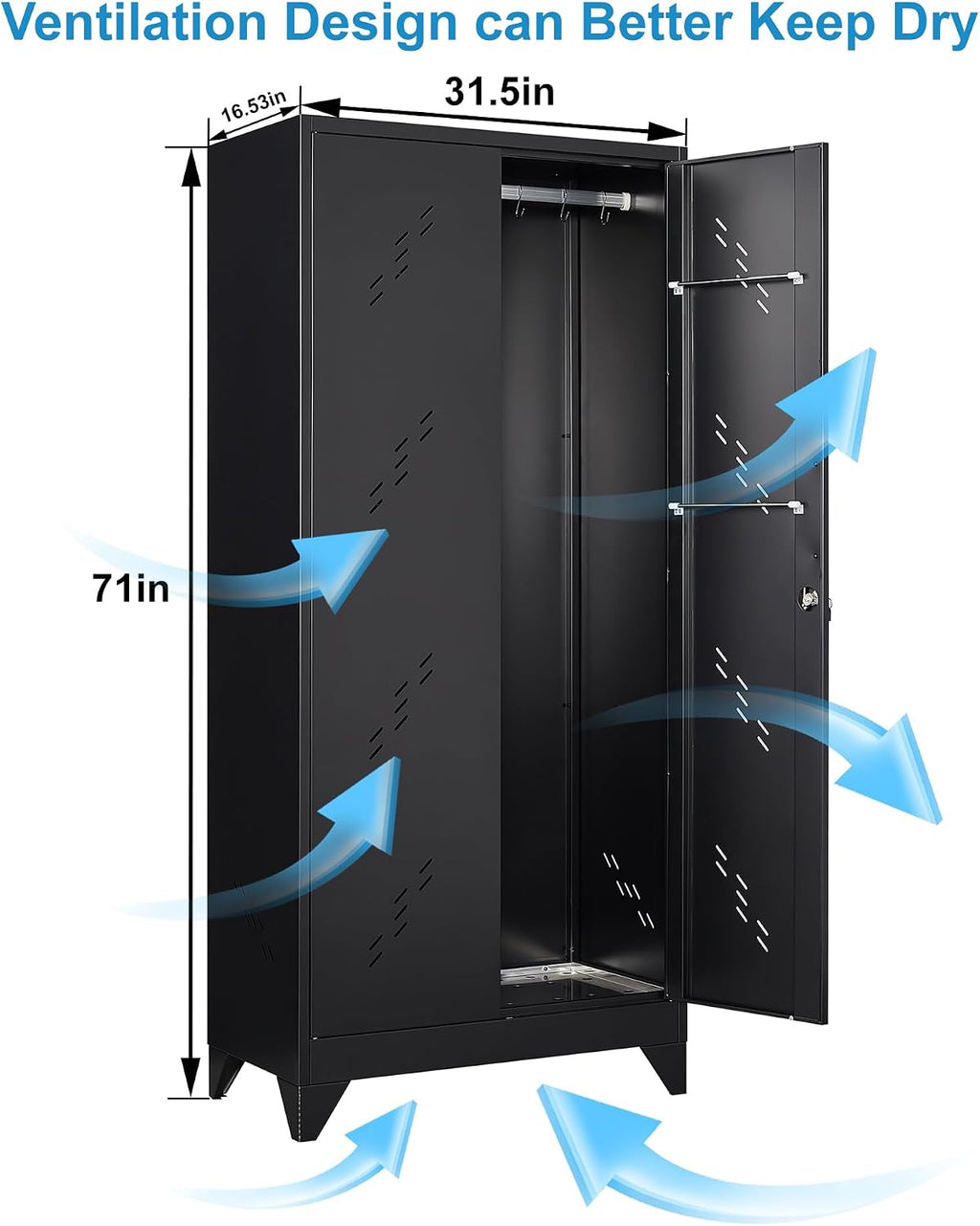 Metal Storage Cabinet with Lock, 71' Garage Storage Cabinets with Hanging Rod & S-Hooks, Large Storage Cabinet, Locking Tool Utility Closet, Black