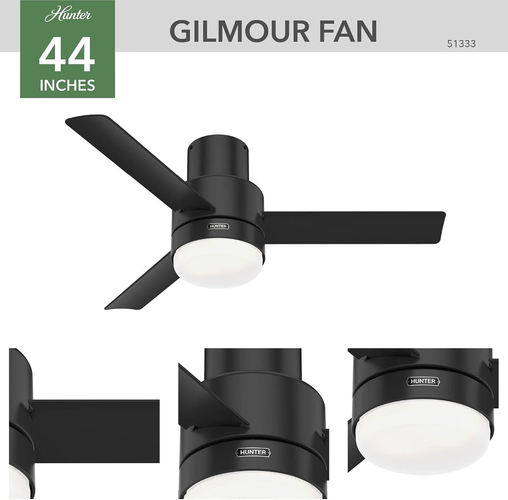 Hunter 44 inch Outdoor or Indoor Ceiling Fan with LED Light and Remote Control - Low Profile Mount Ceiling Fan, 3 Blades, For Patio, Porch, Garage, or Living Room, Quiet - Gilmour 51333, Matte Black