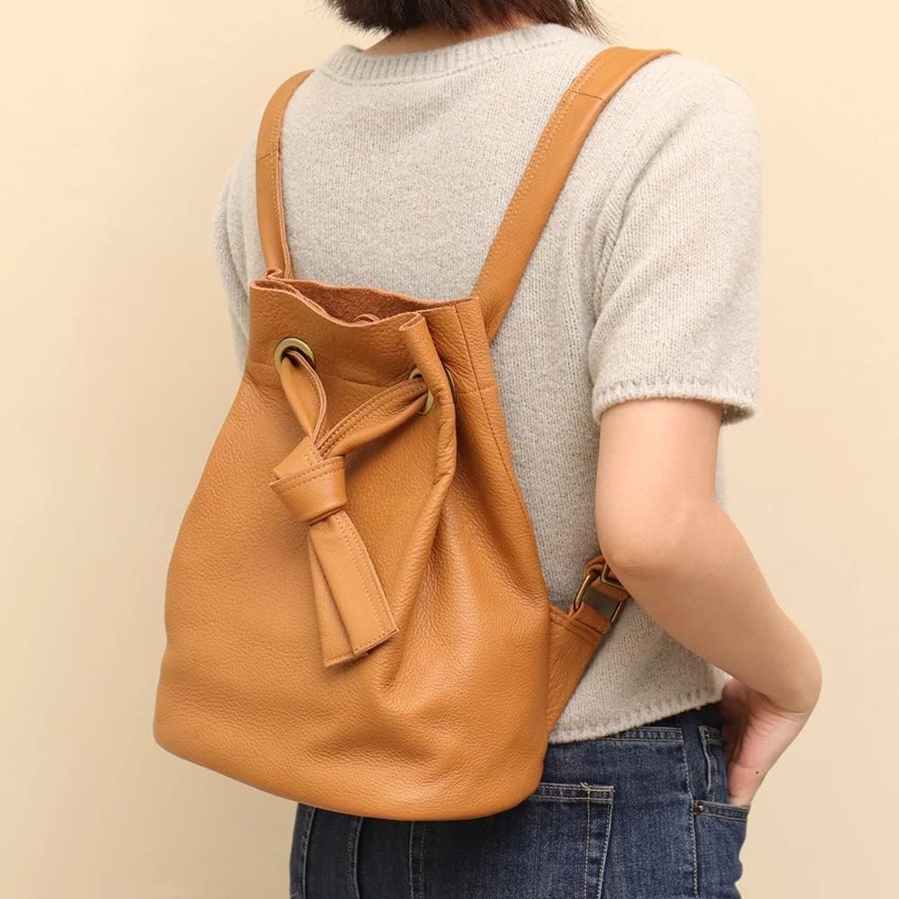 Genuine Leather Backpack Women Fashion Knot Drawstring Casual Shoulder Bag Purse Large School Knapsack(D)