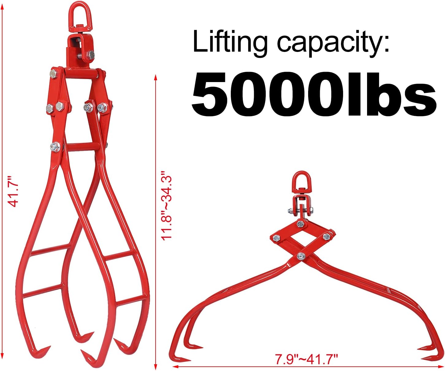 36' 4 Claw Heavy Duty Log Lifting Tongs, Timber Log Lifting Tongs Solid Steel, Swivel Dragging Steel Tongs Log Lifting, Handling, Dragging & Carrying Tool for Wood Logging Equipment Lifting Clamps