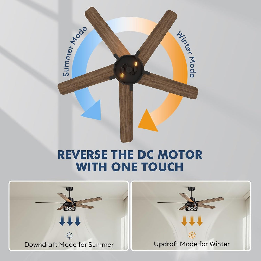 52 Inch Ceiling Fans with Lights and Remote Control, Low Profile Farmhouse Ceiling Fan for Bedroom Living Room and Patio, Black Caged Ceiling Fan for Indoor and Outdoor（NO BULBS）