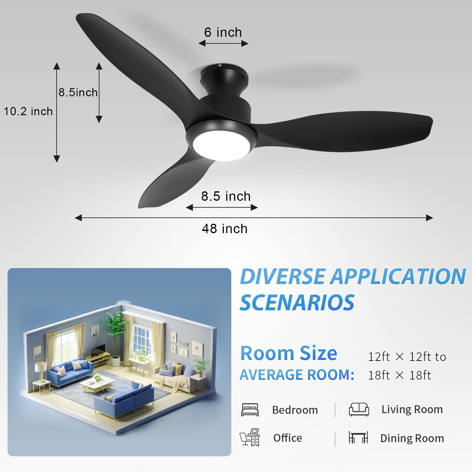48' Ceiling Fan with Light and Remote, Black Flush Mount Ceiling Fan with 3 Blades,3 Color Dimmable Lights, 6 Speeds, Queit DC Motor, Memory Function, Indoor/Outdoor/Bedroom/Living Room/Patios, Black