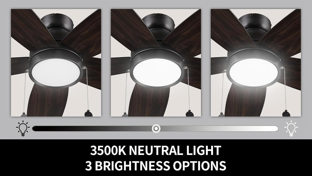 SMAAIR Pull Chain Ceiling Fans with Lights for Bedroom, 52' Low Profile Modern Ceiling Fan with Light, Flush Mount, 3 Blades, Dimmable, DC Motor, Indoor Use,Wooden/Walnut