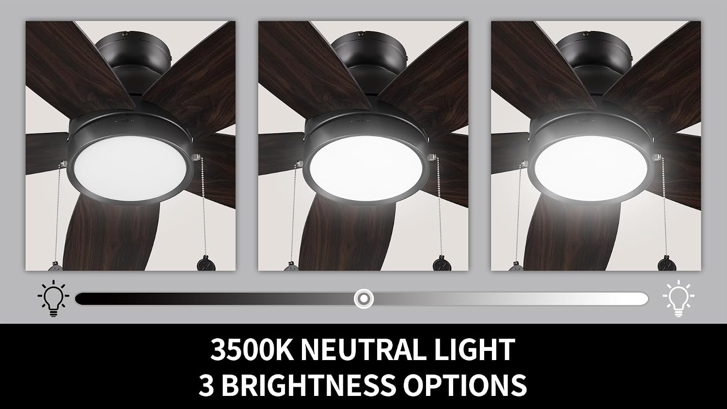 SMAAIR Pull Chain Ceiling Fans with Lights for Bedroom, 52' Low Profile Modern Ceiling Fan with Light, Flush Mount, 3 Blades, Dimmable, DC Motor, Indoor Use,Wooden/Walnut
