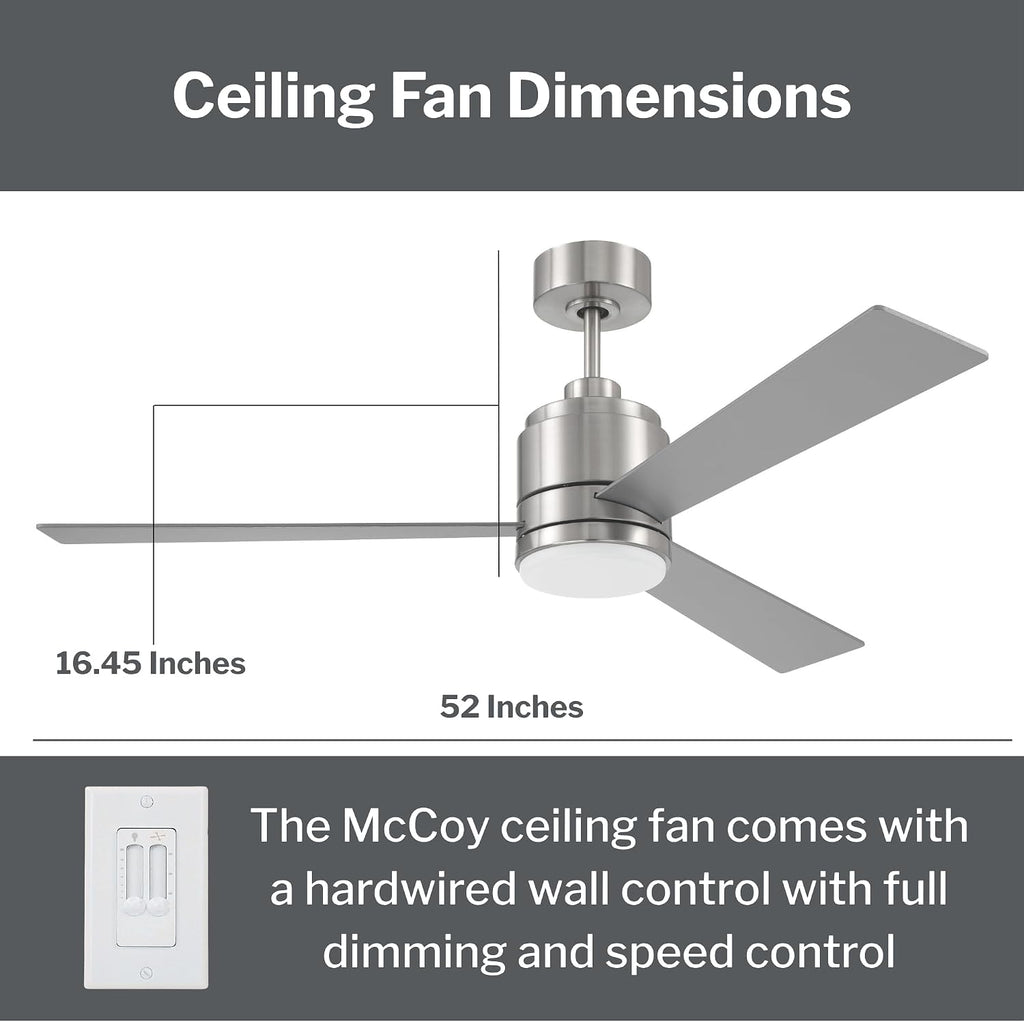 Craftmade McCoy 52' Indoor Ceiling Fan | 3-Blade Brushed Nickel | Integrated 18W Dimmable 3000K LED Light | Hardwired Wall Control, 4-Speed Reversible Motor | Rated for Indoors Only