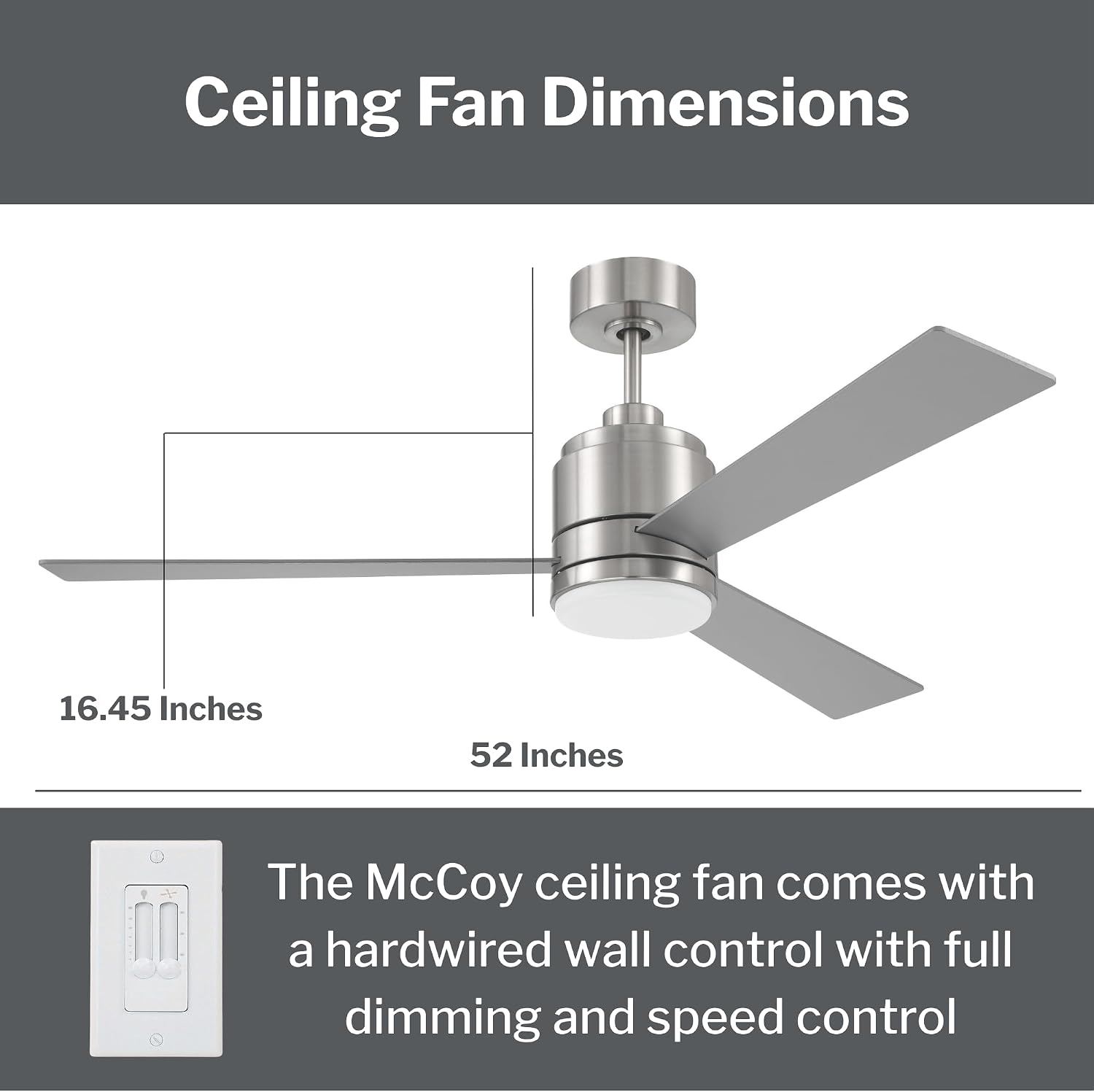 Craftmade McCoy 52' Indoor Ceiling Fan | 3-Blade Brushed Nickel | Integrated 18W Dimmable 3000K LED Light | Hardwired Wall Control, 4-Speed Reversible Motor | Rated for Indoors Only