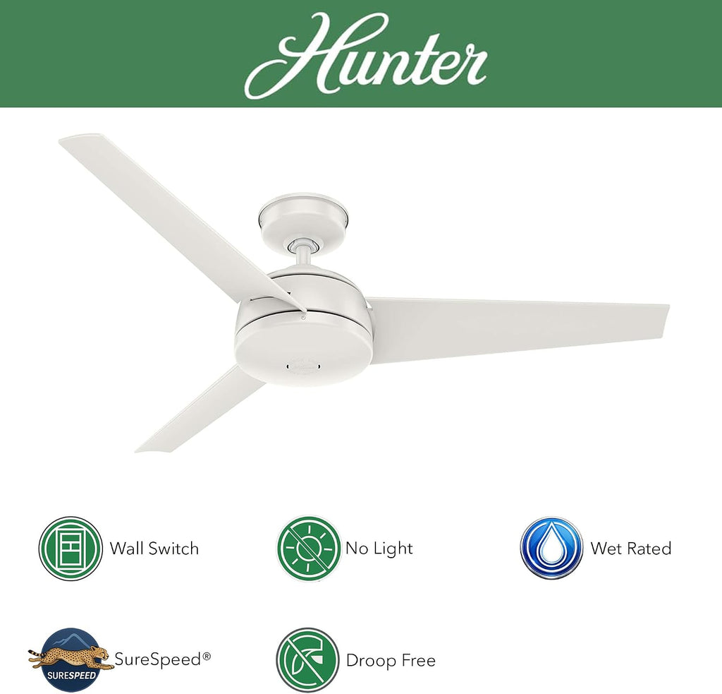 Hunter Fan 52 inch Ceiling Fan with No Light, Outdoor or Indoor White Ceiling Fan for Porch, Living Room, Office, Kitchen, Garage, 3 Blades (Renewed)