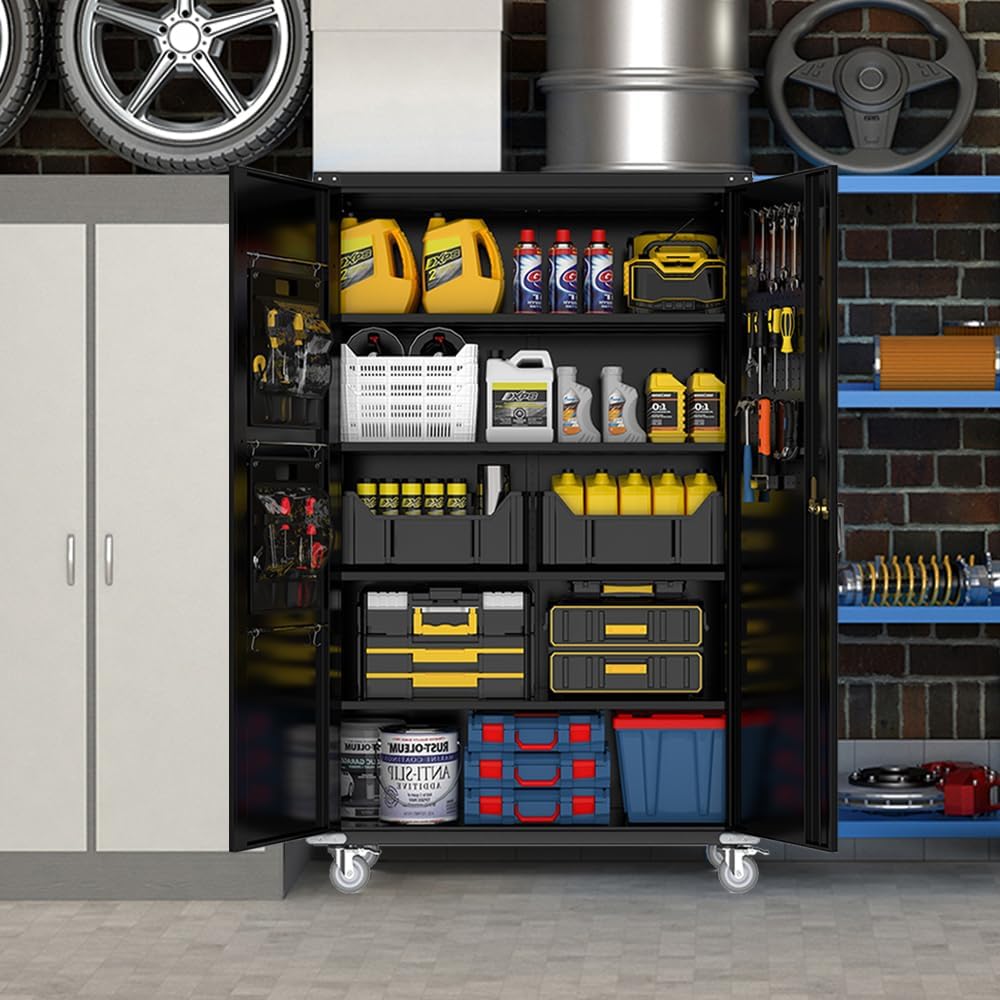 Yeeoy Wide & Deep Metal Garage Storage Cabinet with Pegboard & Adjustable Shelves, Lockable Storage Cabinet with Wheels, Tool Organization Cabinets for Office Garage Shop, 43''W x 22''D x 72''H, Black