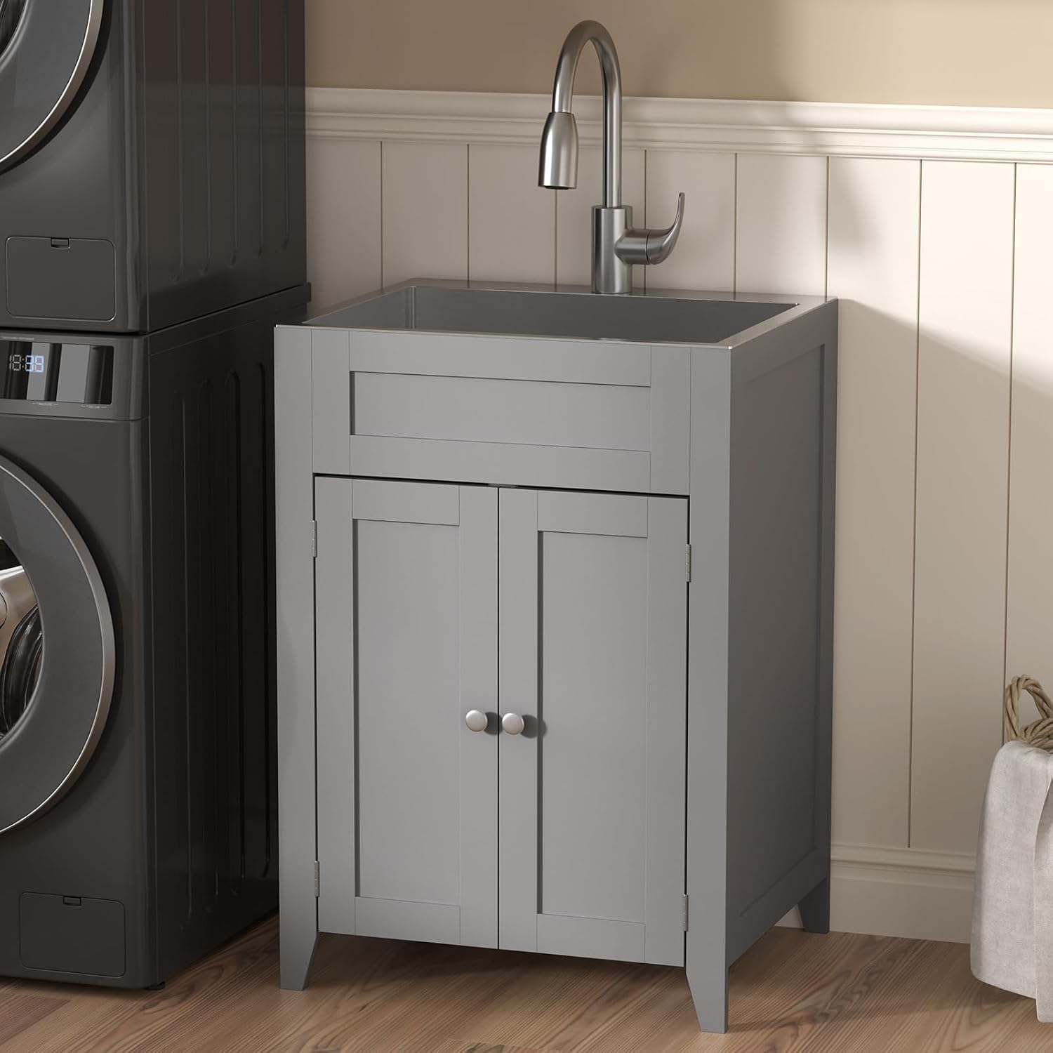 VINGLI 24-Inch Laundry Sink with Cabinet and Pull-Out Sprayer Faucet, Stainless Steel Utility Sink with Cabinet, Grey Cabinet with Sink for Laundry & Utility Room, Kitchen, Bathroom, Basement