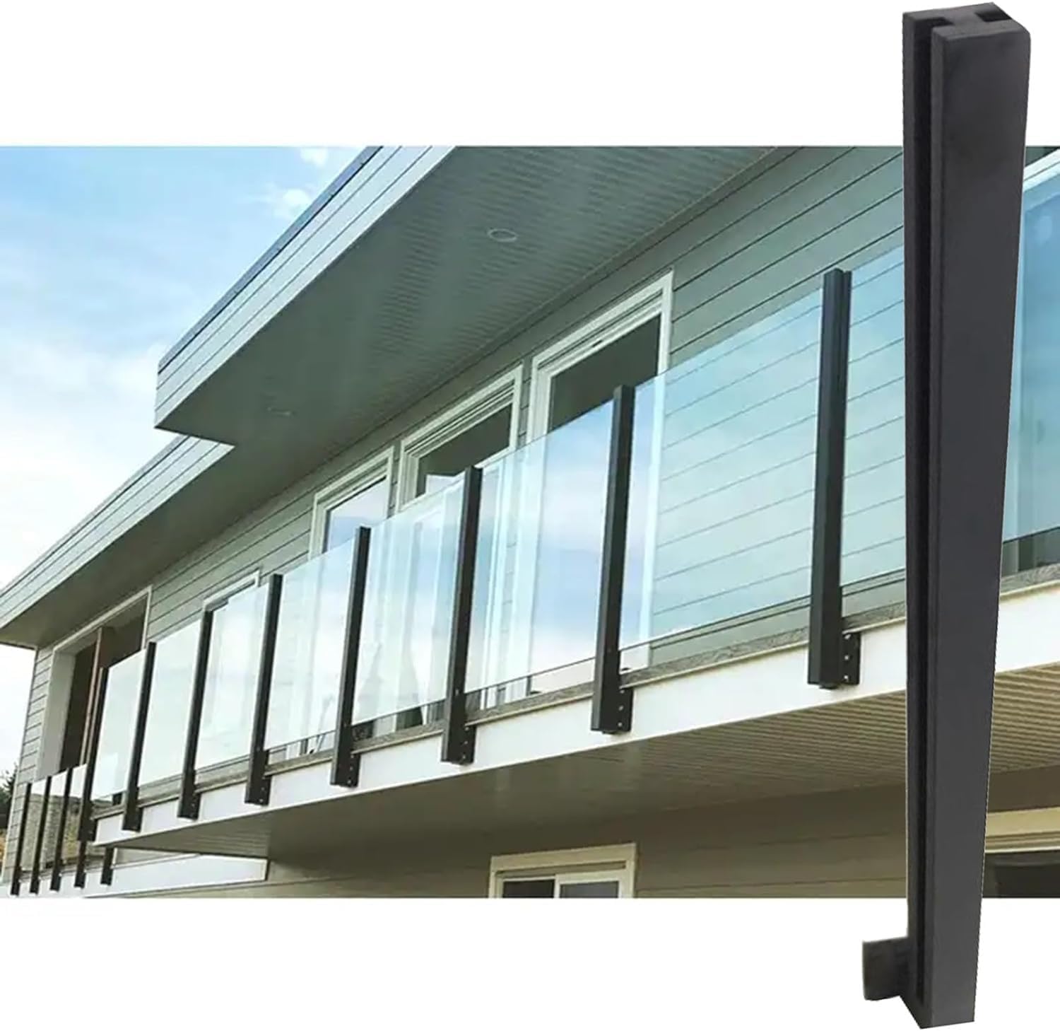 Commercial Glass Railing Columns Side Mount, Black Black Matte Finish Balcony Glass Fence Clamp Bracket with 15mm Inner Slots, for 3/8-1/2 In Glass/Wood/Plastics Panel(Black-Middle Post,Height - 36in)