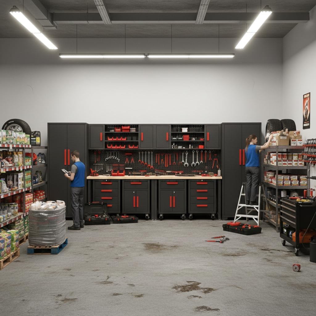Garage Storage Cabinet System, 12PCS Garage Cabinets and Storage System Kit Workshop Set with Steel Cabinet, Cabinet Drawers, Workbench, Red Handle