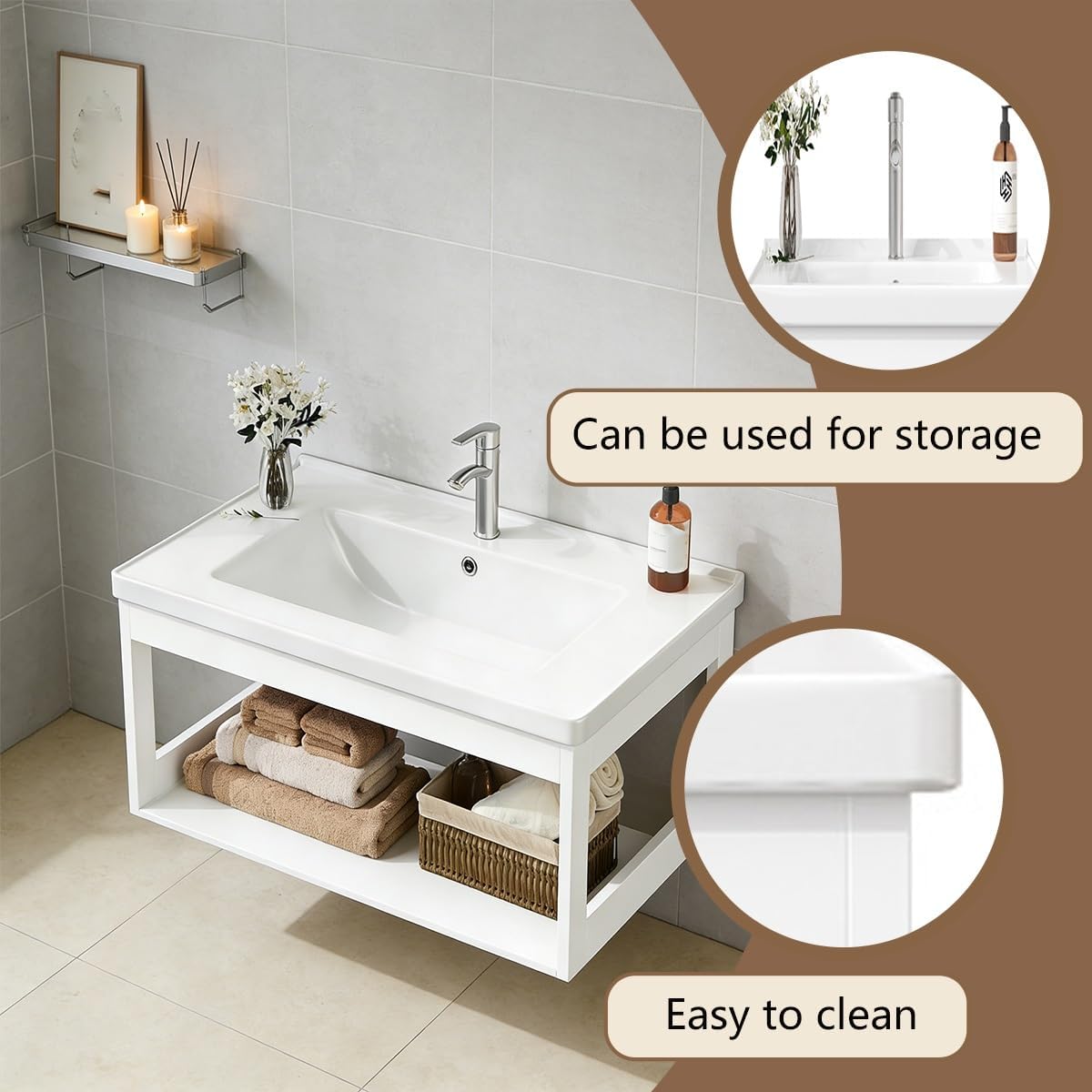 Modern Corner Bathroom Vanity，Easy-to-Clean Bathroom Sink Cabinet ，Floating Vanity Bathroom Vanity Open Shelf ，for Guest Baths Master Suites(23in)