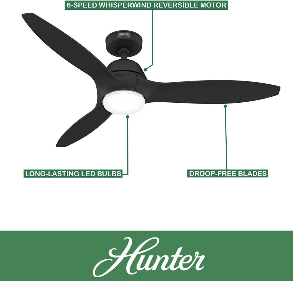 Hunter Fan 52 Inch Fresh Black Indoor/Outdoor Ceiling Fan with Lights and Remote Control for Farmhouse, Patio, Bedroom, Living Room, Office, Basement, Kitchen, Dining Room (Renewed)