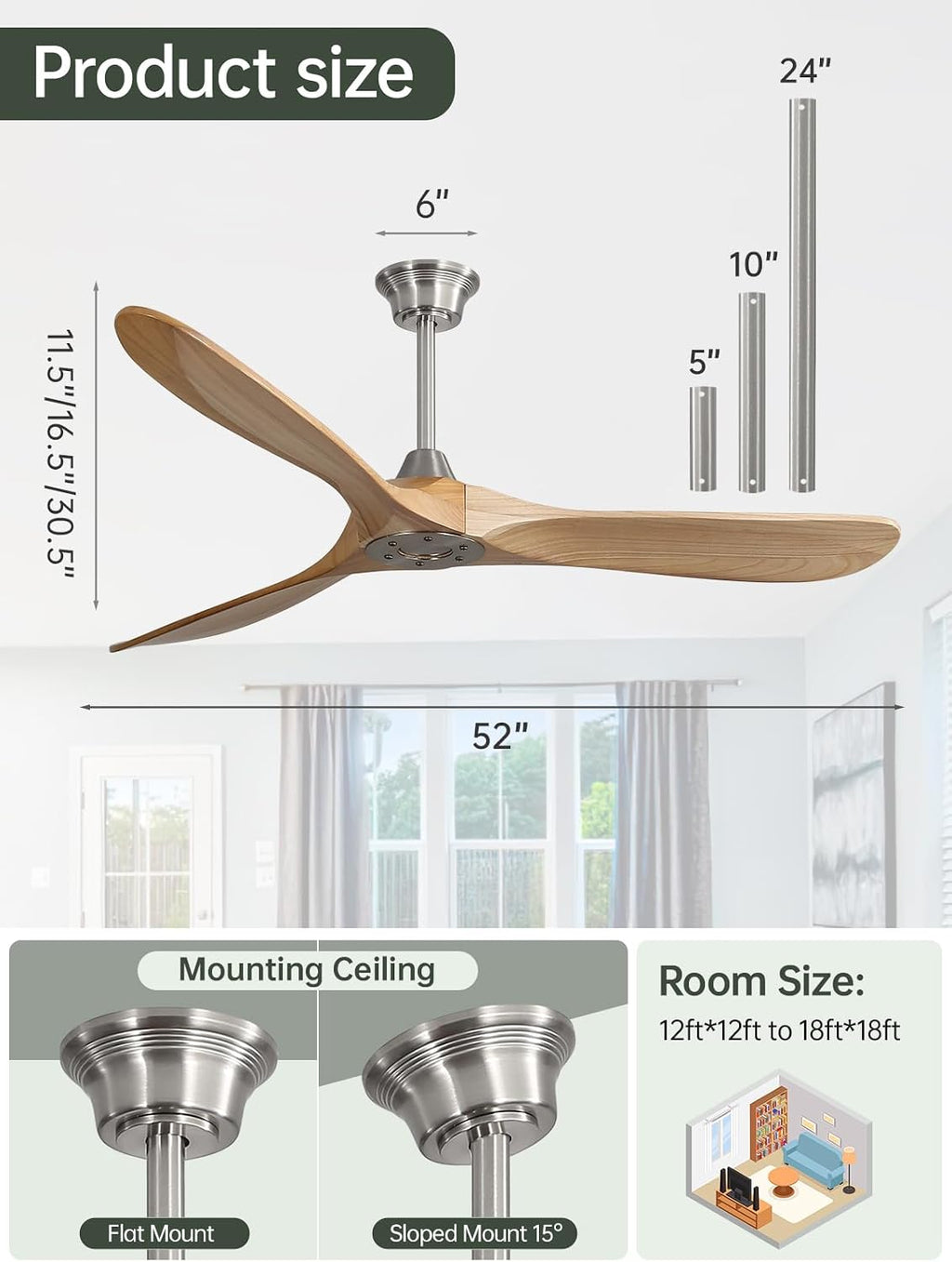 Sofucor 60 Inch Ceiling Fans No Light-Outdoor Ceiling Fan with Remote Control, 3 Blade Reversible DC Motor, Modern Wood Ceiling Fan Without Light for Bedroom Patios,Brushed Nickel&Natural Wood