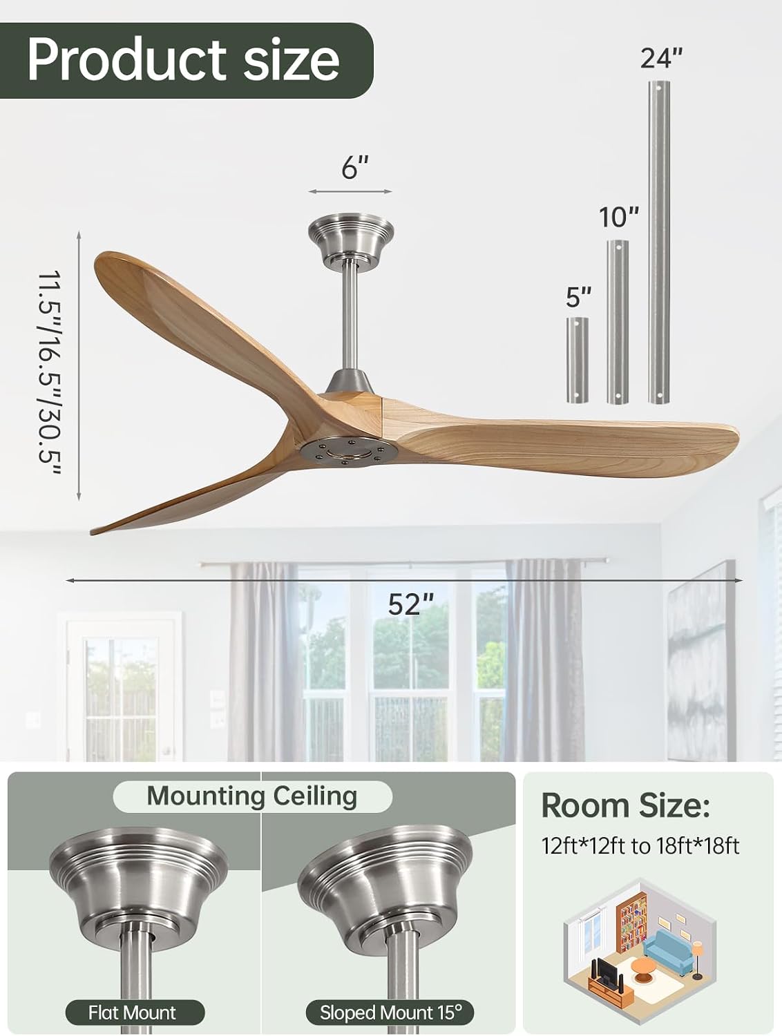 Sofucor 60 Inch Ceiling Fans No Light-Outdoor Ceiling Fan with Remote Control, 3 Blade Reversible DC Motor, Modern Wood Ceiling Fan Without Light for Bedroom Patios,Brushed Nickel&Natural Wood