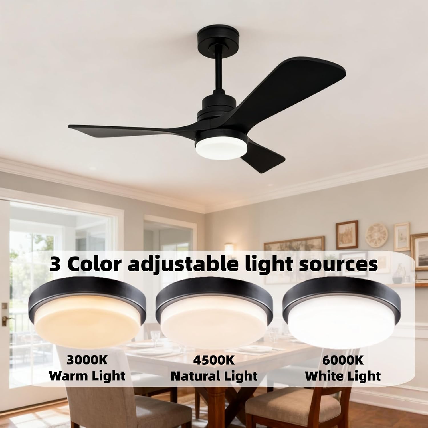 36 inch Ceiling Fan with Light and Remote Control, Reversible DC Motor, Indoor/Outdoor 3 Solid Wood Blades, Modern Ceiling Fan, Suitable for Bedrooms, Living Rooms, Patios, Black